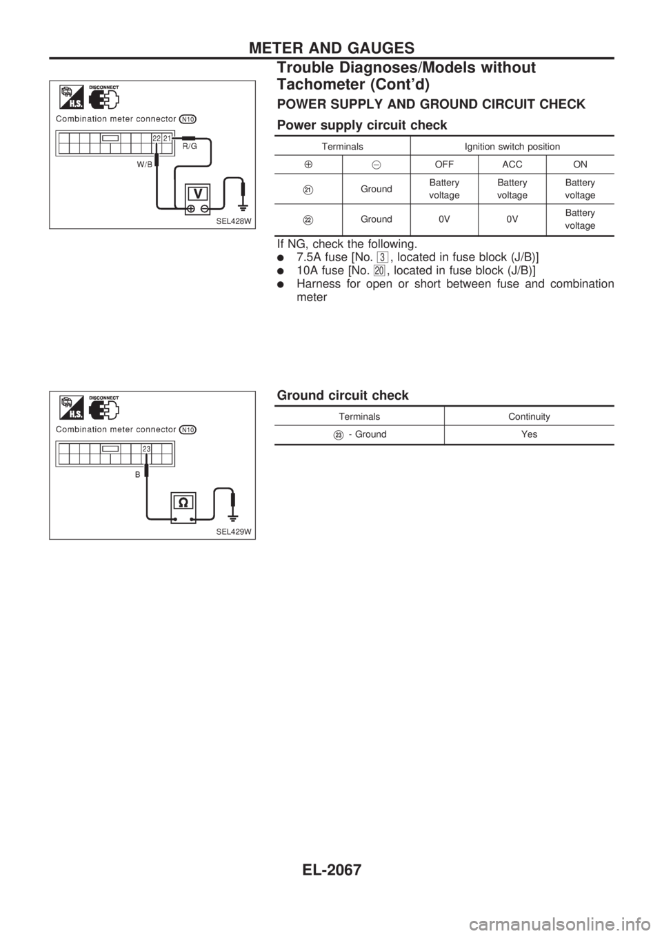 NISSAN PICK-UP 1999  Repair Manual POWER SUPPLY AND GROUND CIRCUIT CHECK
Power supply circuit check
Terminals Ignition switch position
Å@OFF ACC ON
V21GroundBattery
voltageBattery
voltageBattery
voltage
V22Ground 0V 0VBattery
voltage
