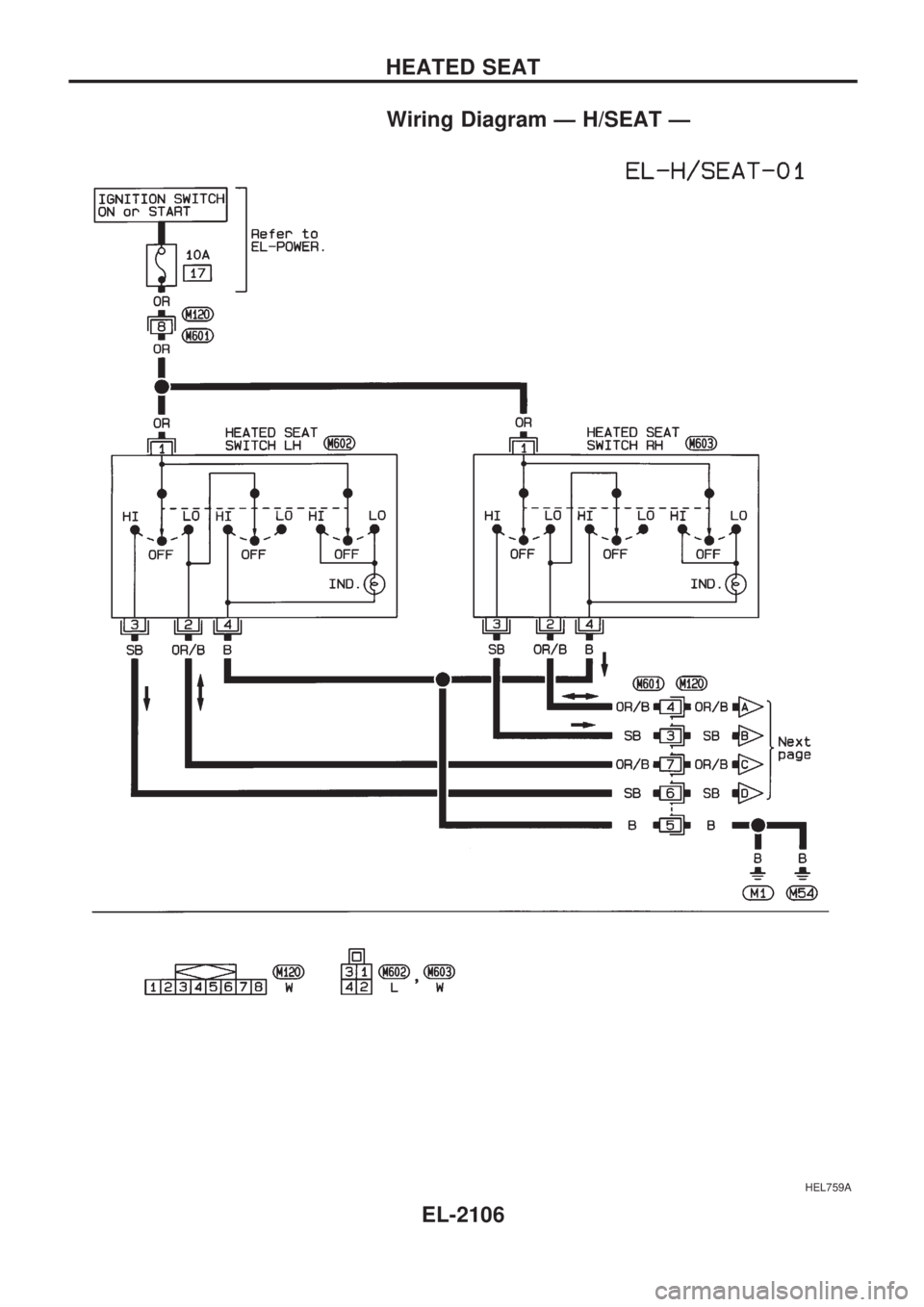 NISSAN PICK-UP 1999  Repair Manual Wiring Diagram Ð H/SEAT Ð
HEL759A
HEATED SEAT
EL-2106 