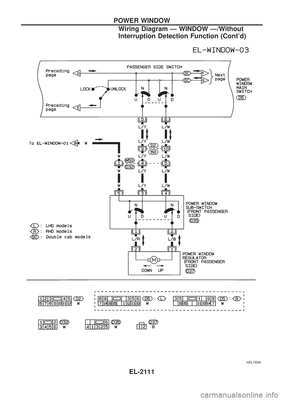 NISSAN PICK-UP 1999  Repair Manual HEL763A
POWER WINDOW
Wiring Diagram Ð WINDOW Ð/Without
Interruption Detection Function (Contd)
EL-2111 