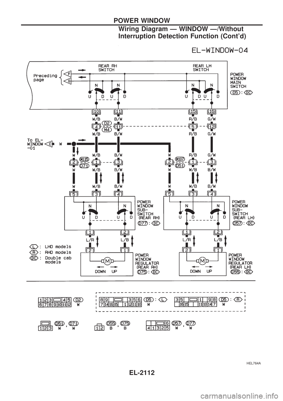 NISSAN PICK-UP 1999 Repair Manual HEL764A
POWER WINDOW
Wiring Diagram Ð WINDOW Ð/Without
Interruption Detection Function (Contd)
EL-2112 NISSAN PICK-UP 1999 Repair Manual HEL764A
POWER WINDOW
Wiring Diagram Ð WINDOW Ð/Without
Interruption Detection Function (Contd)
EL-2112