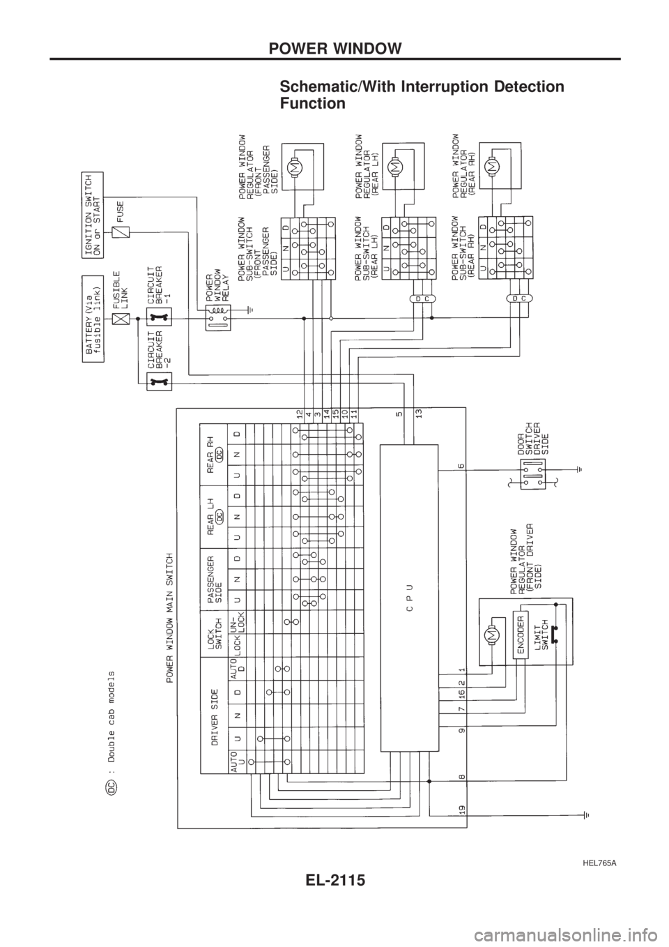 NISSAN PICK-UP 1999 Repair Manual Schematic/With Interruption Detection
Function
HEL765A
POWER WINDOW
EL-2115 NISSAN PICK-UP 1999 Repair Manual Schematic/With Interruption Detection
Function
HEL765A
POWER WINDOW
EL-2115