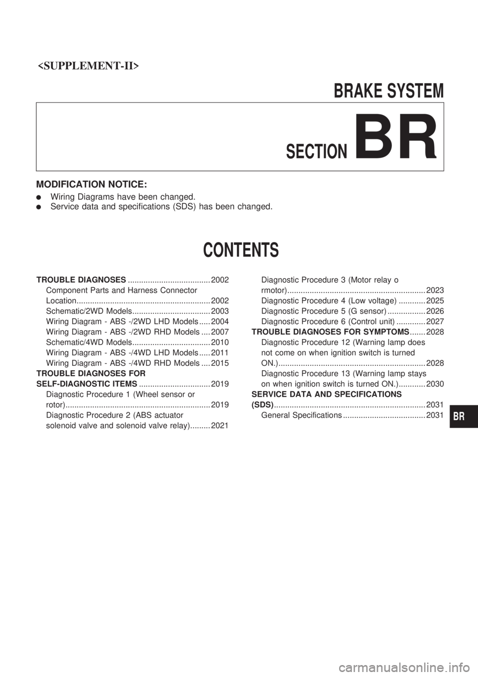 NISSAN PICK-UP 1999 Repair Manual <SUPPLEMENT-II>
BRAKESYSTEM
SECTION
BR
MODIFICATION NOTICE:
lWiring Diagrams have been changed.
lService data and specifications ( NISSAN PICK-UP 1999 Repair Manual <SUPPLEMENT-II>
BRAKESYSTEM
SECTION
BR
MODIFICATION NOTICE:
lWiring Diagrams have been changed.
lService data and specifications (