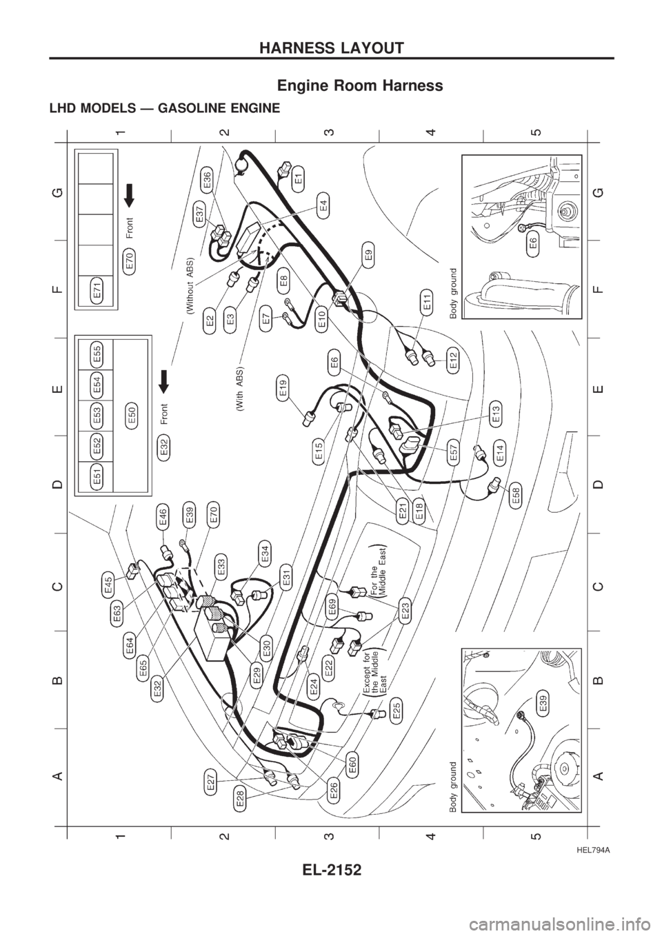 NISSAN PICK-UP 1999  Repair Manual Engine Room Harness
LHD MODELS Ð GASOLINE ENGINE
HEL794A
HARNESS LAYOUT
EL-2152 