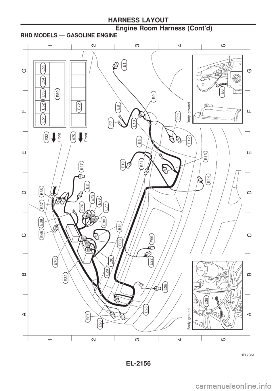 NISSAN PICK-UP 1999  Repair Manual RHD MODELS Ð GASOLINE ENGINE
HEL798A
HARNESS LAYOUT
Engine Room Harness (Contd)
EL-2156 