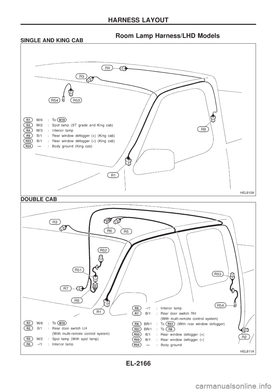 NISSAN PICK-UP 1999 Repair Manual Room Lamp Harness/LHD ModelsSINGLE AND KING CAB
DOUBLE CAB
HEL810A
HEL811A
HARNESS LAYOUT
EL-2166 NISSAN PICK-UP 1999 Repair Manual Room Lamp Harness/LHD ModelsSINGLE AND KING CAB
DOUBLE CAB
HEL810A
HEL811A
HARNESS LAYOUT
EL-2166