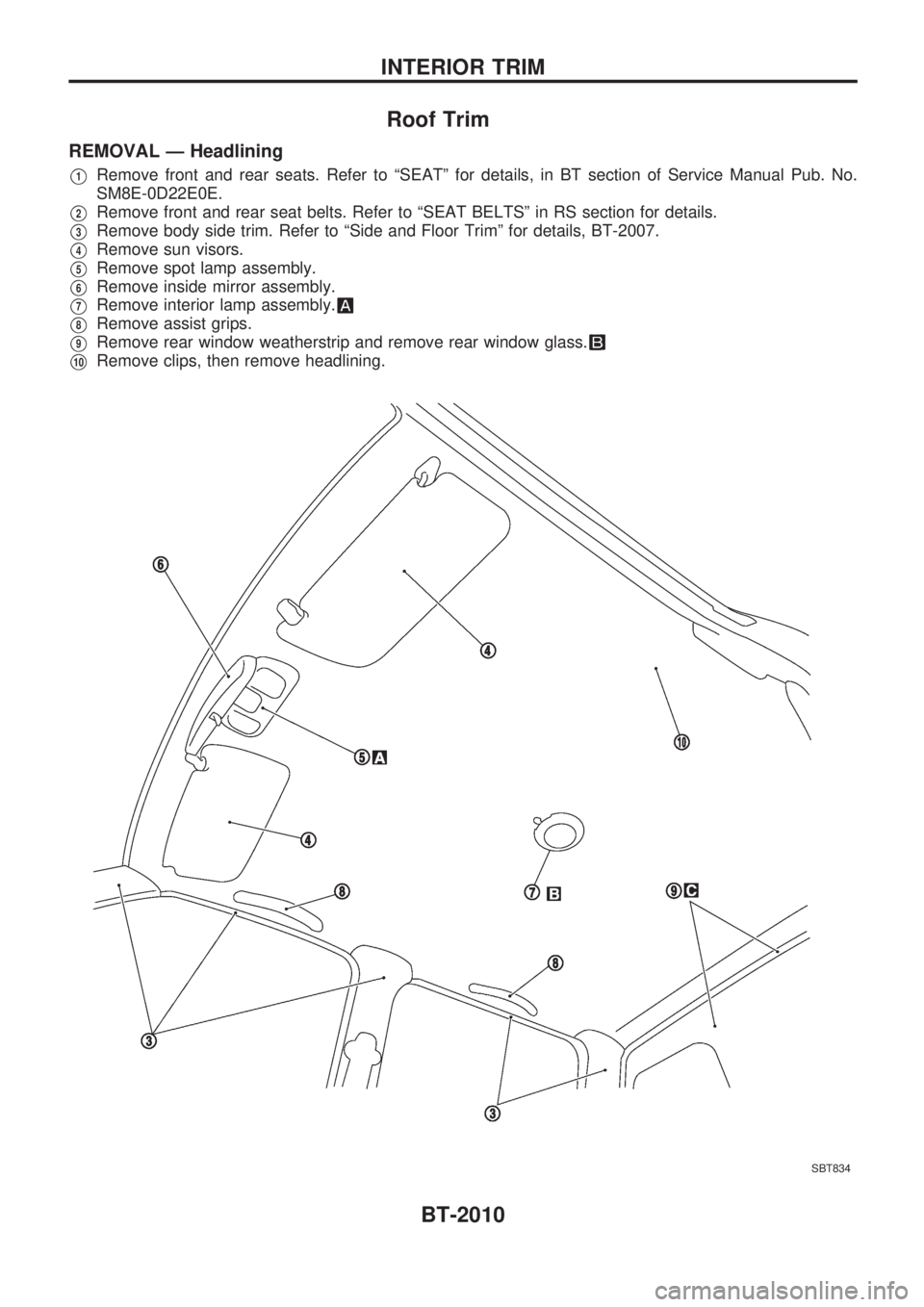 NISSAN PICK-UP 1999 Service Manual Roof Trim
REMOVAL Ð Headlining
V1Remove front and rear seats. Refer to ªSEATº for details, in BT section of Service Manual Pub. No.
SM8E-0D22E0E.
V2Remove front and rear seat belts. Refer to ªSEAT