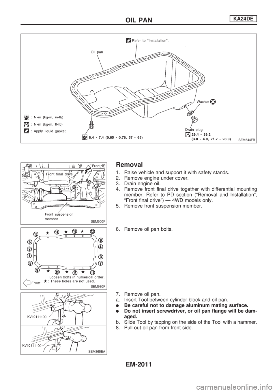 NISSAN PICK-UP 1999  Repair Manual Removal
1. Raise vehicle and support it with safety stands.
2. Remove engine under cover.
3. Drain engine oil.
4. Remove front final drive together with differential mounting
member. Refer to PD secti