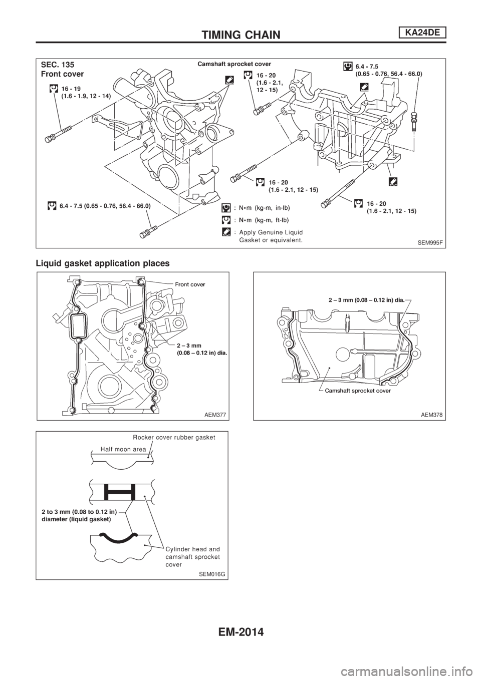 NISSAN PICK-UP 1999 Repair Manual Liquid gasket application places
SEM995F
AEM377
SEM016G
AEM378
TIMING CHAINKA24DE
EM-2014 NISSAN PICK-UP 1999 Repair Manual Liquid gasket application places
SEM995F
AEM377
SEM016G
AEM378
TIMING CHAINKA24DE
EM-2014