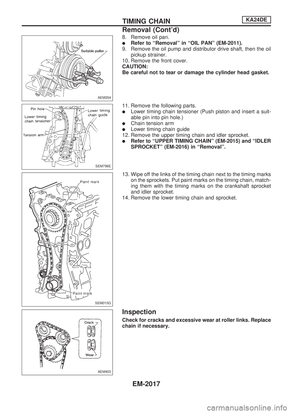NISSAN PICK-UP 1999 Repair Manual 8. Remove oil pan.
lRefer to ªRemovalº in ªOIL PANº (EM-2011).
9. Remove the oil pump and distributor drive shaft, then the oil
pickup strainer.
10. Remove the front cover.
CAUTION:
Be careful not NISSAN PICK-UP 1999 Repair Manual 8. Remove oil pan.
lRefer to ªRemovalº in ªOIL PANº (EM-2011).
9. Remove the oil pump and distributor drive shaft, then the oil
pickup strainer.
10. Remove the front cover.
CAUTION:
Be careful not