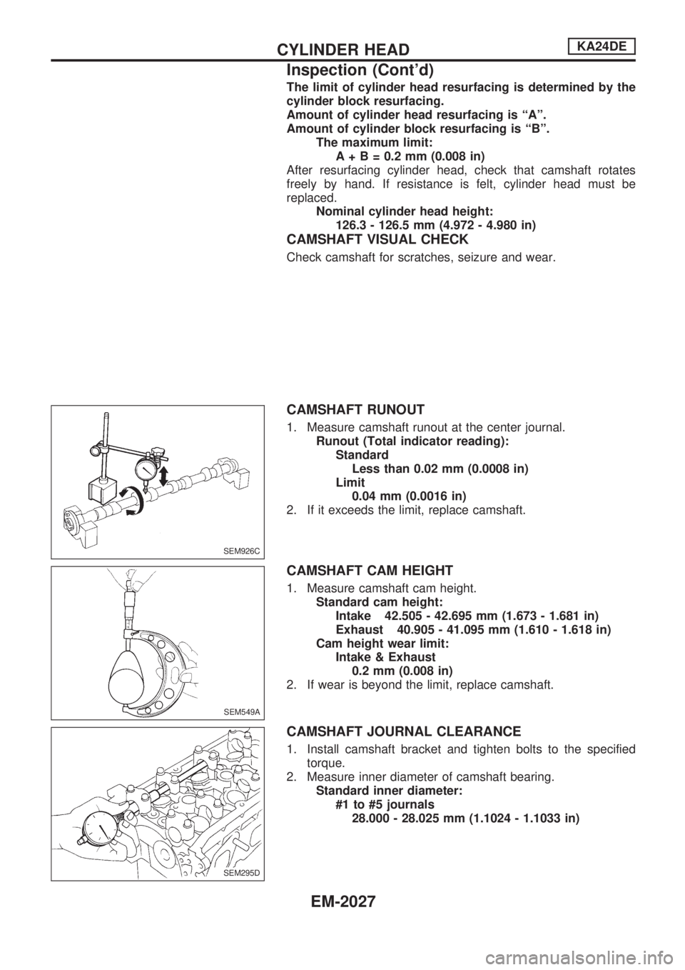 NISSAN PICK-UP 1999  Repair Manual The limit of cylinder head resurfacing is determined by the
cylinder block resurfacing.
Amount of cylinder head resurfacing is ªAº.
Amount of cylinder block resurfacing is ªBº.
The maximum limit:
