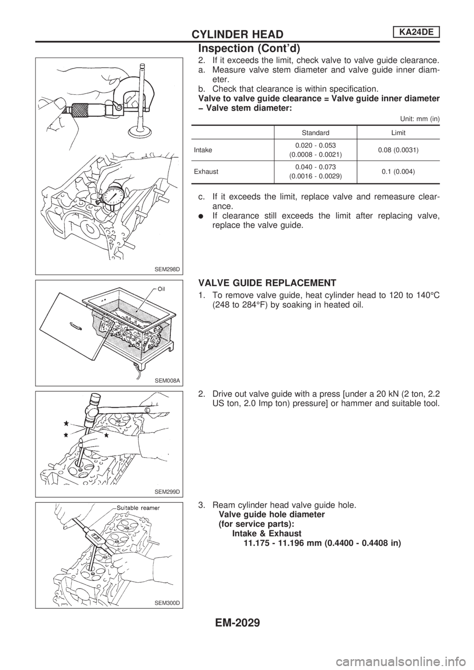 NISSAN PICK-UP 1999  Repair Manual 2. If it exceeds the limit, check valve to valve guide clearance.
a. Measure valve stem diameter and valve guide inner diam-
eter.
b. Check that clearance is within specification.
Valve to valve guide