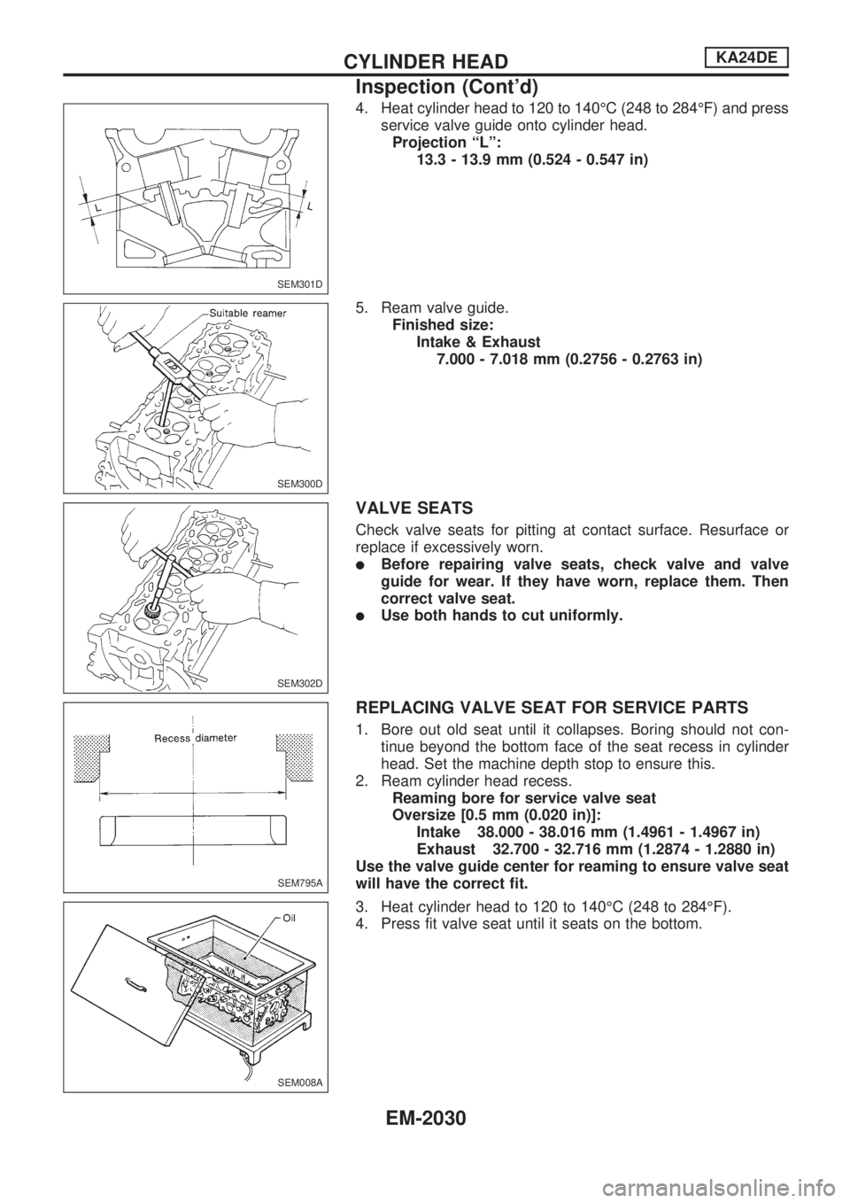 NISSAN PICK-UP 1999  Repair Manual 4. Heat cylinder head to 120 to 140ÉC (248 to 284ÉF) and press
service valve guide onto cylinder head.
Projection ªLº:
13.3 - 13.9 mm (0.524 - 0.547 in)
5. Ream valve guide.
Finished size:
Intake 