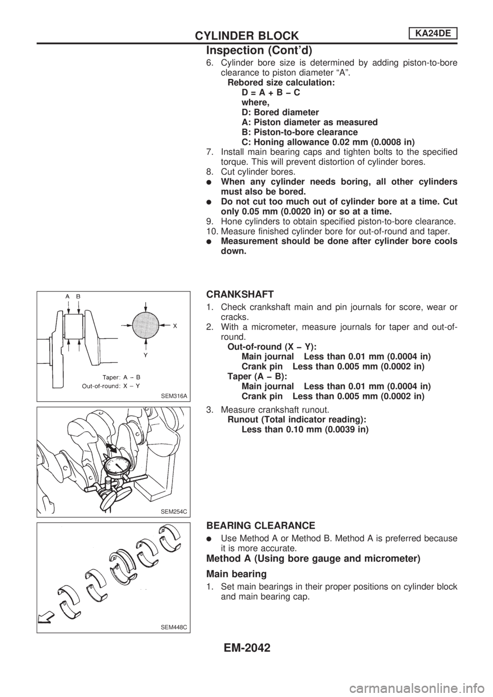 NISSAN PICK-UP 1999  Repair Manual 6. Cylinder bore size is determined by adding piston-to-bore
clearance to piston diameter ªAº.
Rebored size calculation:
D=A+BþC
where,
D: Bored diameter
A: Piston diameter as measured
B: Piston-to