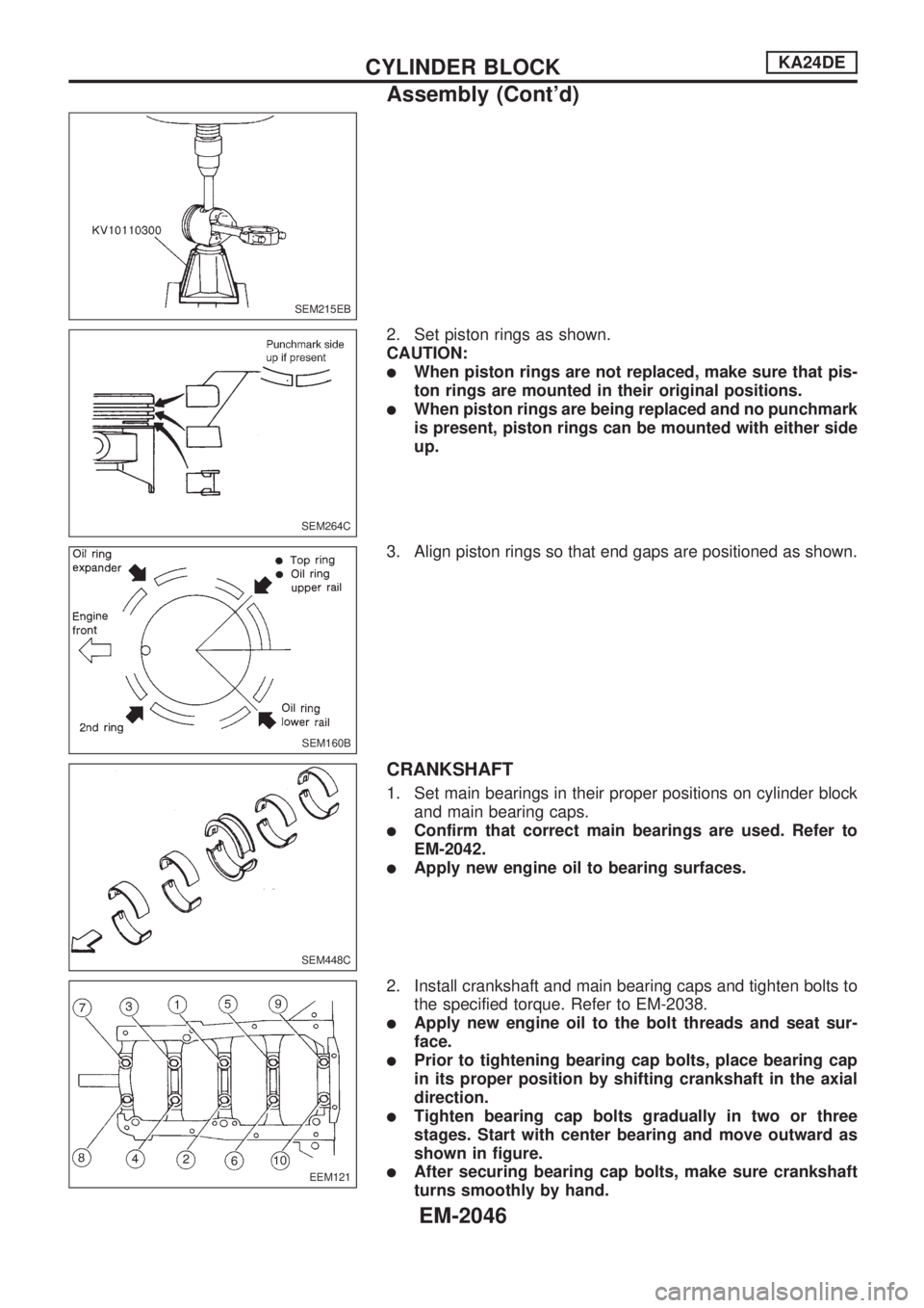 NISSAN PICK-UP 1999  Repair Manual 2. Set piston rings as shown.
CAUTION:
lWhen piston rings are not replaced, make sure that pis-
ton rings are mounted in their original positions.
lWhen piston rings are being replaced and no punchmar