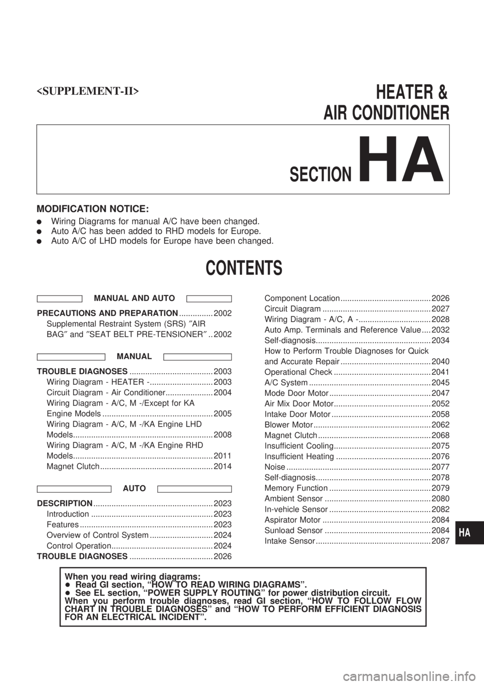 NISSAN PICK-UP 1999  Repair Manual <SUPPLEMENT-II>                                                                        \
            HEATER&
AIR CONDITIONER
SECTION
HA
MODIFICATION NOTICE:
lWiring Diagrams for manual A/C have been c