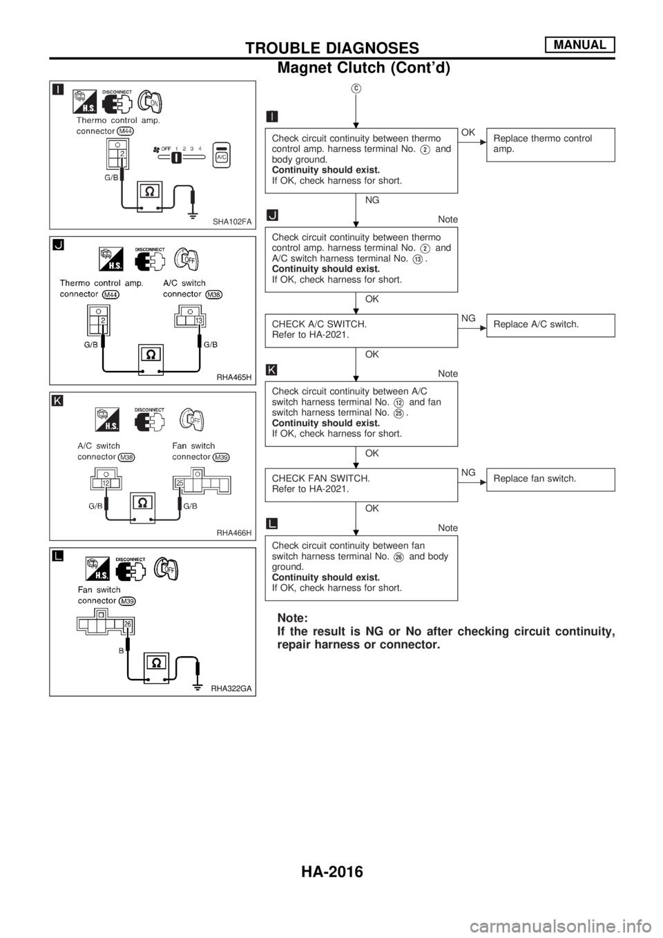 NISSAN PICK-UP 1999 Repair Manual VC
Check circuit continuity between thermo
control amp. harness terminal No.
V2and
body ground.
Continuity should exist.
If OK, check harness for short.
NG
cOK
Replace thermo control
amp.
Note
Check c NISSAN PICK-UP 1999 Repair Manual VC
Check circuit continuity between thermo
control amp. harness terminal No.
V2and
body ground.
Continuity should exist.
If OK, check harness for short.
NG
cOK
Replace thermo control
amp.
Note
Check c