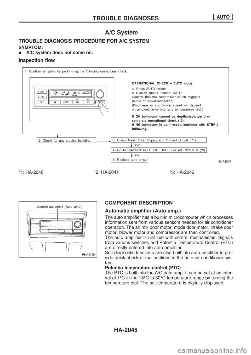 NISSAN PICK-UP 1999  Repair Manual A/C System
TROUBLE DIAGNOSIS PROCEDURE FOR A/C SYSTEM
SYMPTOM:
lA/C system does not come on.
Inspection flow
*1: HA-2046 *2: HA-2041 *3: HA-2046
COMPONENT DESCRIPTION
Automatic amplifier (Auto amp.)
T