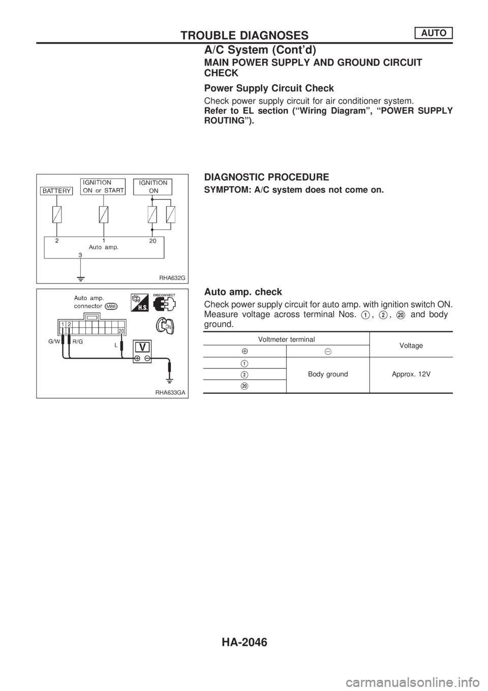 NISSAN PICK-UP 1999  Repair Manual MAIN POWER SUPPLY AND GROUND CIRCUIT
CHECK
Power Supply Circuit Check
Check power supply circuit for air conditioner system.
Refer to EL section (ªWiring Diagramº, ªPOWER SUPPLY
ROUTINGº).
DIAGNOS