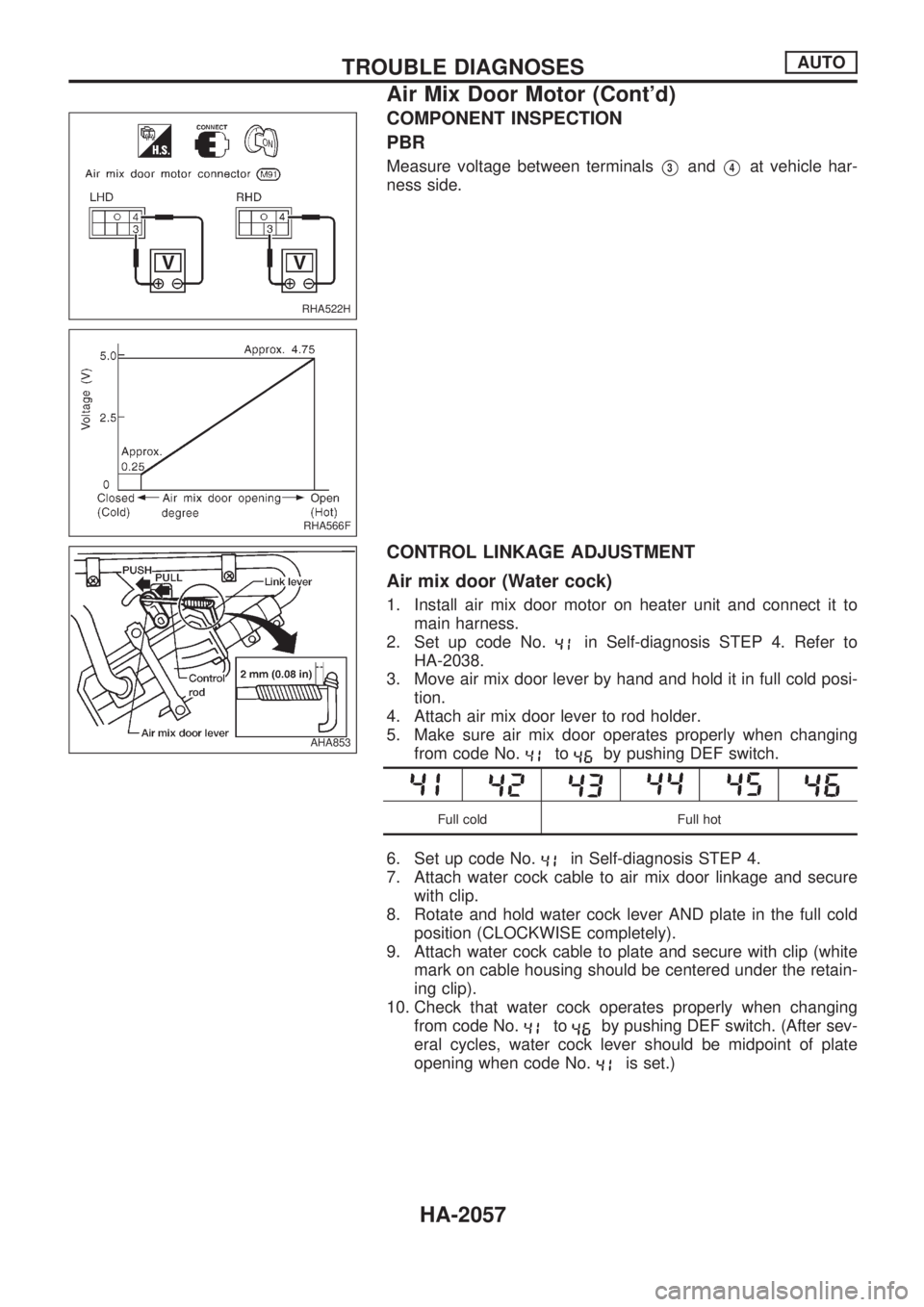 NISSAN PICK-UP 1999  Repair Manual COMPONENT INSPECTION
PBR
Measure voltage between terminalsV3andV4at vehicle har-
ness side.
CONTROL LINKAGE ADJUSTMENT
Air mix door (Water cock)
1. Install air mix door motor on heater unit and connec