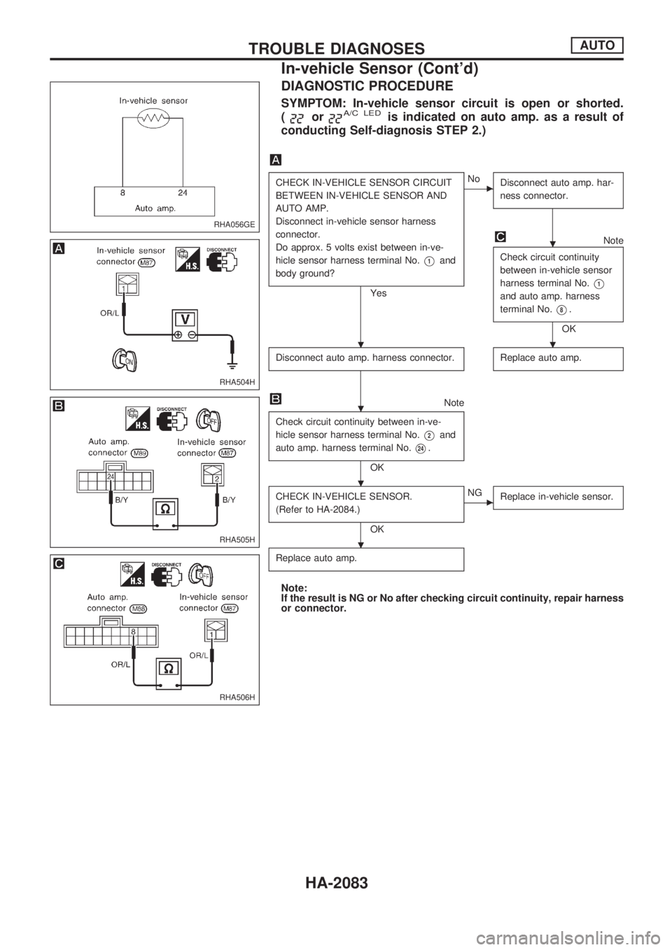 NISSAN PICK-UP 1999  Repair Manual DIAGNOSTIC PROCEDURE
SYMPTOM: In-vehicle sensor circuit is open or shorted.
(
orA/C LEDis indicated on auto amp. as a result of
conducting Self-diagnosis STEP 2.)
CHECK IN-VEHICLE SENSOR CIRCUIT
BETWE