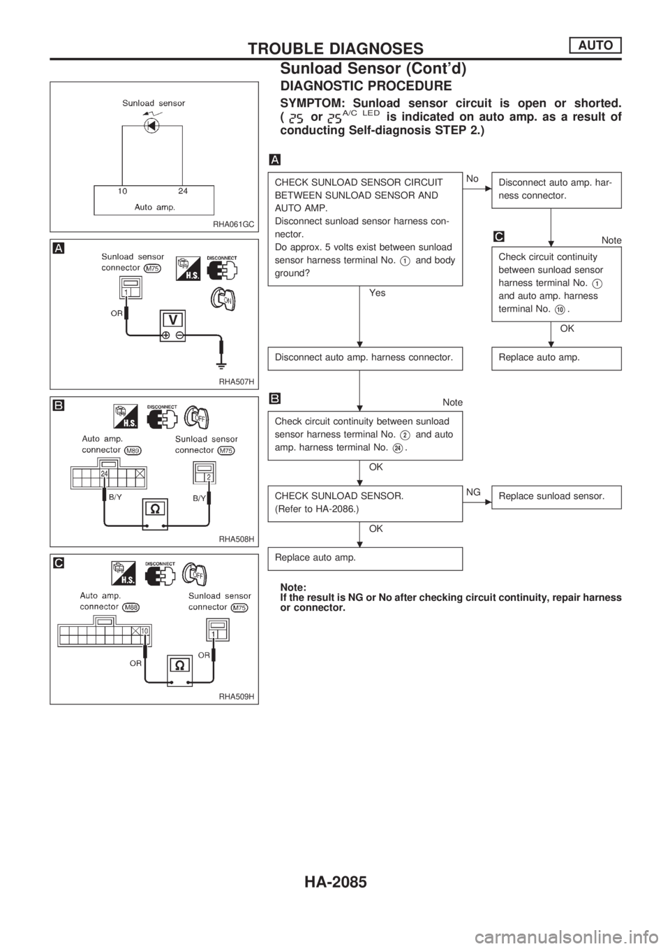 NISSAN PICK-UP 1999  Repair Manual DIAGNOSTIC PROCEDURE
SYMPTOM: Sunload sensor circuit is open or shorted.
(
orA/C LEDis indicated on auto amp. as a result of
conducting Self-diagnosis STEP 2.)
CHECK SUNLOAD SENSOR CIRCUIT
BETWEEN SUN