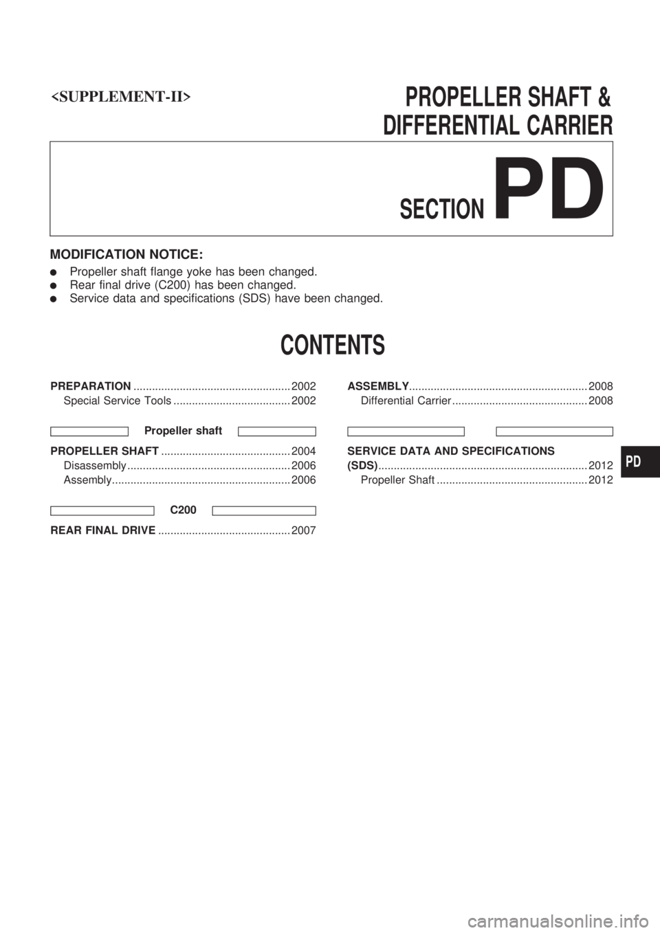 NISSAN PICK-UP 1999 Repair Manual <SUPPLEMENT-II>
PROPELLERSHAFT&
DIFFERENTIAL CARRIER
SECTION
PD
MODIFICATION NOTICE:
lPropeller shaft flange yoke has been changed.
lRear fina NISSAN PICK-UP 1999 Repair Manual <SUPPLEMENT-II>
PROPELLERSHAFT&
DIFFERENTIAL CARRIER
SECTION
PD
MODIFICATION NOTICE:
lPropeller shaft flange yoke has been changed.
lRear fina
