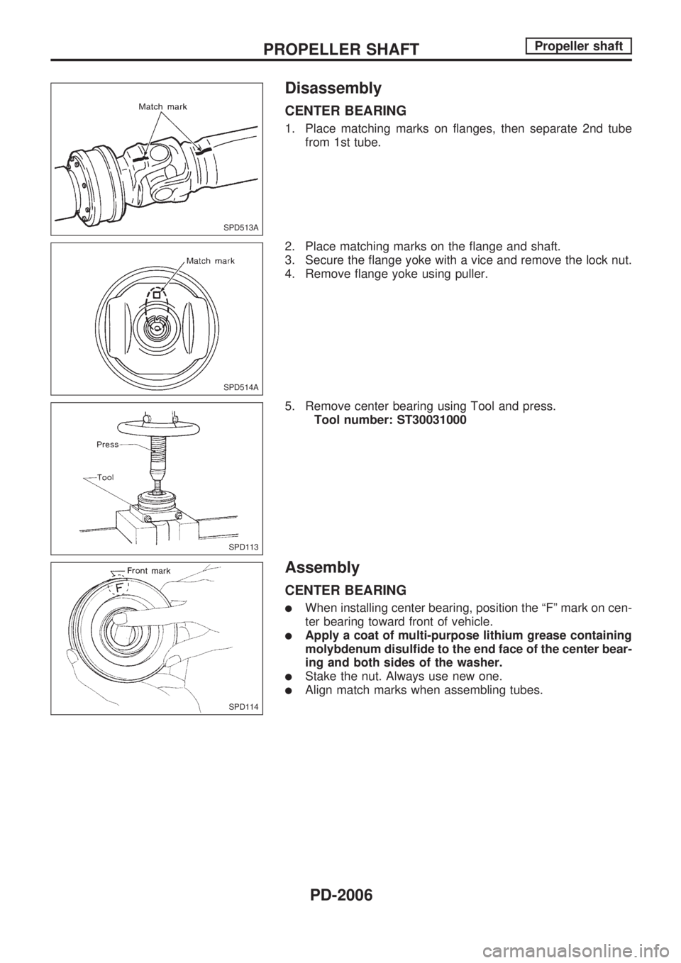 NISSAN PICK-UP 1999  Repair Manual Disassembly
CENTER BEARING
1. Place matching marks on flanges, then separate 2nd tube
from 1st tube.
2. Place matching marks on the flange and shaft.
3. Secure the flange yoke with a vice and remove t