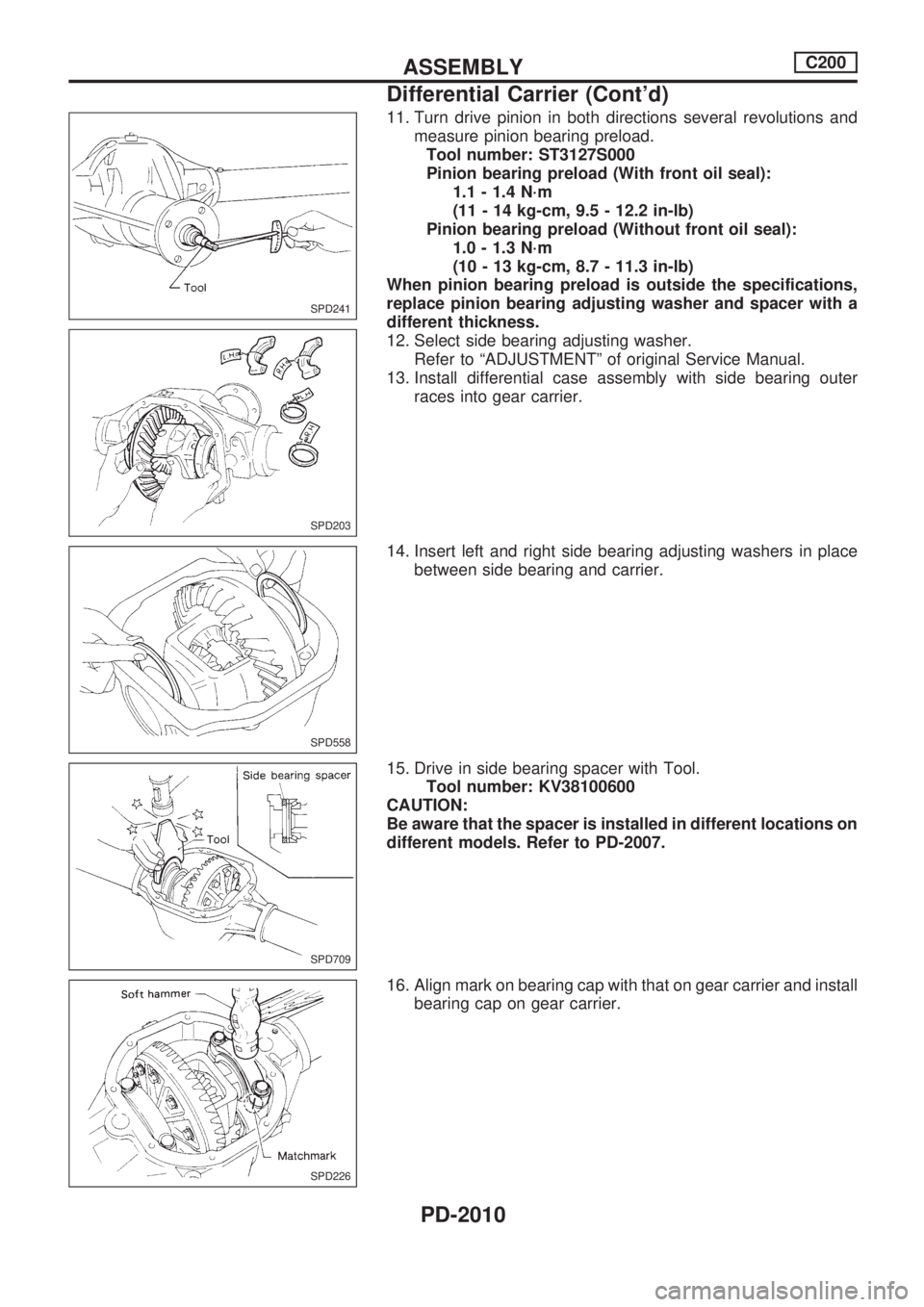 NISSAN PICK-UP 1999  Repair Manual 11. Turn drive pinion in both directions several revolutions and
measure pinion bearing preload.
Tool number: ST3127S000
Pinion bearing preload (With front oil seal):
1.1 - 1.4 N´m
(11 - 14 kg-cm, 9.