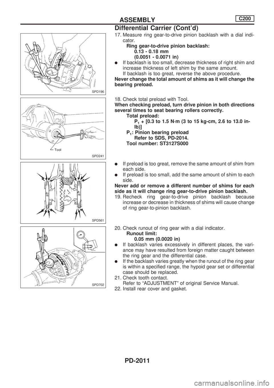 NISSAN PICK-UP 1999  Repair Manual 17. Measure ring gear-to-drive pinion backlash with a dial indi-
cator.
Ring gear-to-drive pinion backlash:
0.13 - 0.18 mm
(0.0051 - 0.0071 in)
lIf backlash is too small, decrease thickness of right s