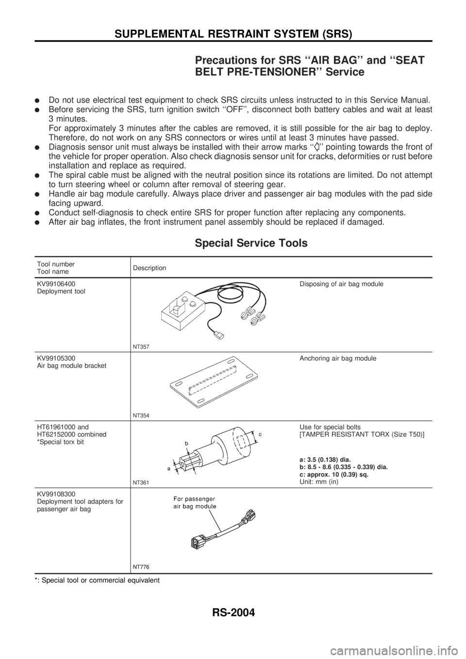 NISSAN PICK-UP 1999  Repair Manual Precautions for SRS ``AIR BAG and ``SEAT
BELT PRE-TENSIONER Service
lDo not use electrical test equipment to check SRS circuits unless instructed to in this Service Manual.
lBefore servicing the S
