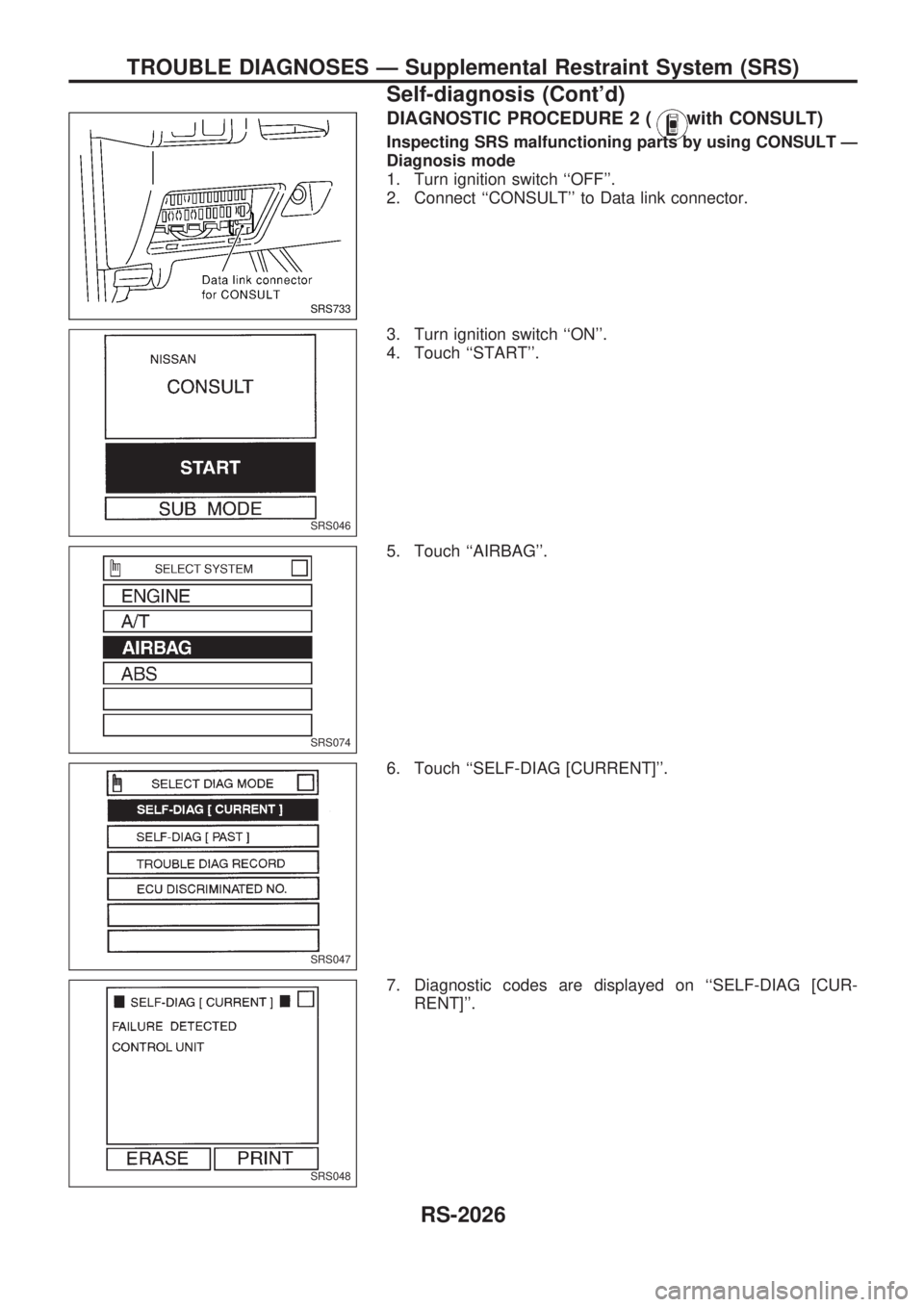 NISSAN PICK-UP 1999  Repair Manual DIAGNOSTIC PROCEDURE 2 (with CONSULT)
Inspecting SRS malfunctioning parts by using CONSULT Ð
Diagnosis mode
1. Turn ignition switch ``OFF.
2. Connect ``CONSULT to Data link connector.
3. Turn ign