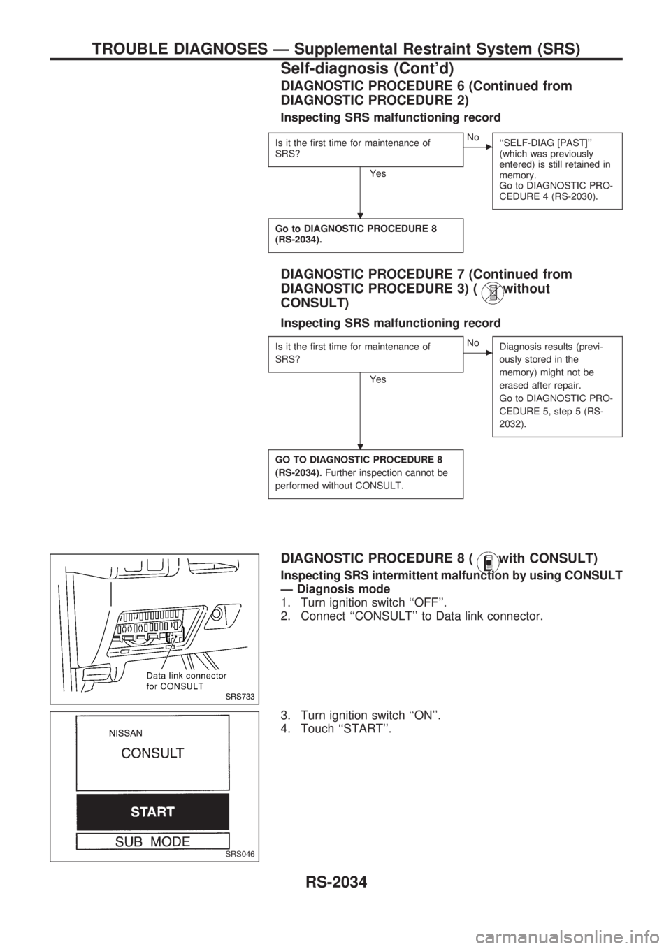 NISSAN PICK-UP 1999  Repair Manual DIAGNOSTIC PROCEDURE 6 (Continued from
DIAGNOSTIC PROCEDURE 2)
Inspecting SRS malfunctioning record
Is it the first time for maintenance of
SRS?
Yes
cNo
``SELF-DIAG [PAST]
(which was previously
ente