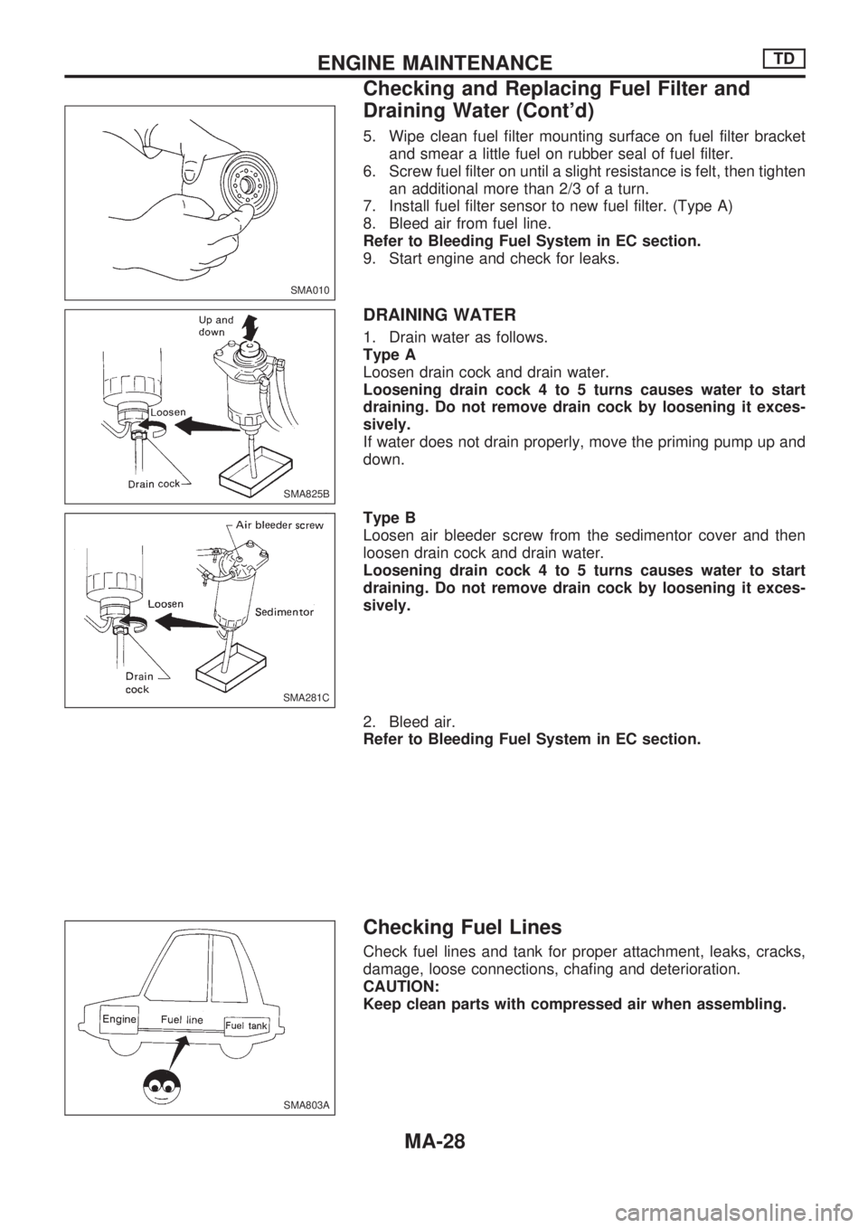 NISSAN PICK-UP 1998 Repair Manual 5. Wipe clean fuel filter mounting surface on fuel filter bracket
and smear a little fuel on rubber seal of fuel filter.
6. Screw fuel filter on until a slight resistance is felt, then tighten
an addi NISSAN PICK-UP 1998 Repair Manual 5. Wipe clean fuel filter mounting surface on fuel filter bracket
and smear a little fuel on rubber seal of fuel filter.
6. Screw fuel filter on until a slight resistance is felt, then tighten
an addi