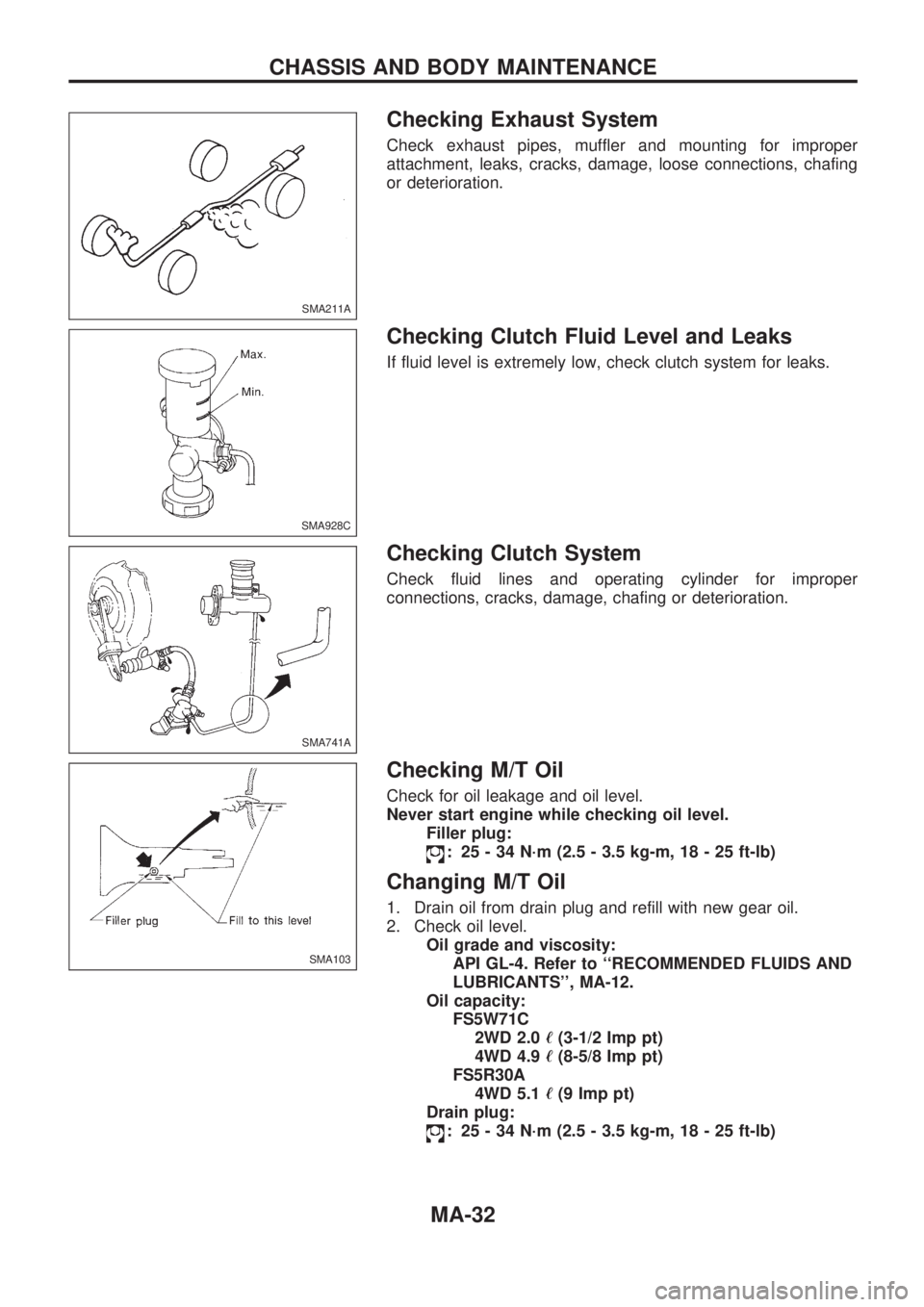 NISSAN PICK-UP 1998 Repair Manual Checking Exhaust System
Check exhaust pipes, muffler and mounting for improper
attachment, leaks, cracks, damage, loose connections, chafing
or deterioration.
Checking Clutch Fluid Level and Leaks
If NISSAN PICK-UP 1998 Repair Manual Checking Exhaust System
Check exhaust pipes, muffler and mounting for improper
attachment, leaks, cracks, damage, loose connections, chafing
or deterioration.
Checking Clutch Fluid Level and Leaks
If