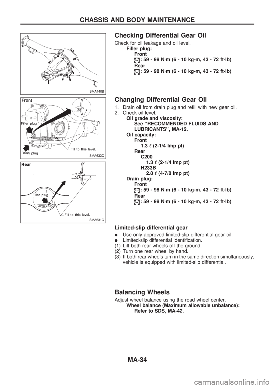 NISSAN PICK-UP 1998 Repair Manual Checking Differential Gear Oil
Check for oil leakage and oil level.
Filler plug:
Front
: 59 - 98 N´m (6 - 10 kg-m, 43 - 72 ft-lb)
Rear
: 59 - 98 N´m (6 - 10 kg-m, 43 - 72 ft-lb)
Changing Differentia NISSAN PICK-UP 1998 Repair Manual Checking Differential Gear Oil
Check for oil leakage and oil level.
Filler plug:
Front
: 59 - 98 N´m (6 - 10 kg-m, 43 - 72 ft-lb)
Rear
: 59 - 98 N´m (6 - 10 kg-m, 43 - 72 ft-lb)
Changing Differentia