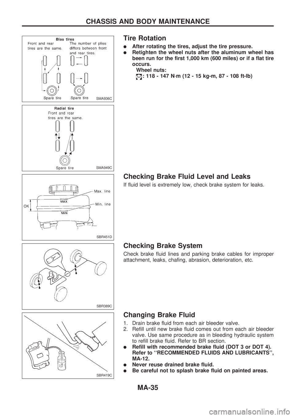 NISSAN PICK-UP 1998 Repair Manual Tire Rotation
lAfter rotating the tires, adjust the tire pressure.
lRetighten the wheel nuts after the aluminum wheel has
been run for the first 1,000 km (600 miles) or if a flat tire
occurs.
Wheel nu NISSAN PICK-UP 1998 Repair Manual Tire Rotation
lAfter rotating the tires, adjust the tire pressure.
lRetighten the wheel nuts after the aluminum wheel has
been run for the first 1,000 km (600 miles) or if a flat tire
occurs.
Wheel nu