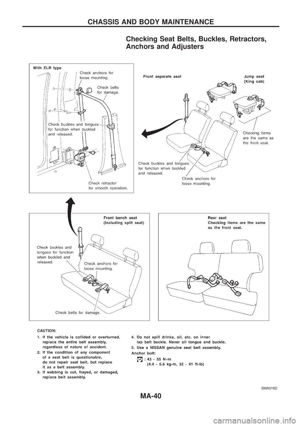 NISSAN PICK-UP 1998 Repair Manual Checking Seat Belts, Buckles, Retractors,
Anchors and Adjusters
SMA016D
CHASSIS AND BODY MAINTENANCE
MA-40 NISSAN PICK-UP 1998 Repair Manual Checking Seat Belts, Buckles, Retractors,
Anchors and Adjusters
SMA016D
CHASSIS AND BODY MAINTENANCE
MA-40