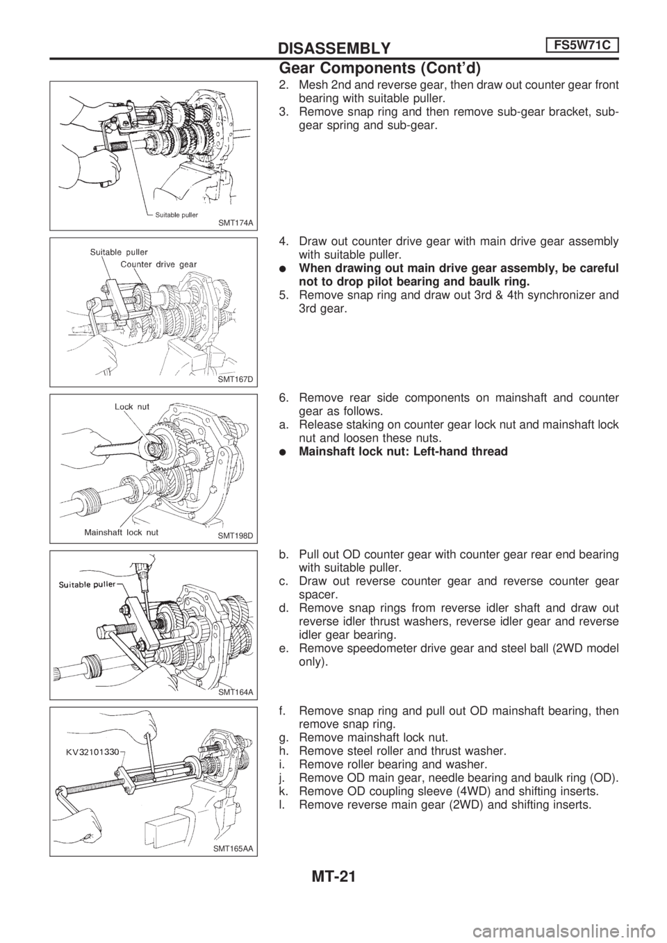 NISSAN PICK-UP 1998 Repair Manual 2. Mesh 2nd and reverse gear, then draw out counter gear front
bearing with suitable puller.
3. Remove snap ring and then remove sub-gear bracket, sub-
gear spring and sub-gear.
4. Draw out counter dr NISSAN PICK-UP 1998 Repair Manual 2. Mesh 2nd and reverse gear, then draw out counter gear front
bearing with suitable puller.
3. Remove snap ring and then remove sub-gear bracket, sub-
gear spring and sub-gear.
4. Draw out counter dr