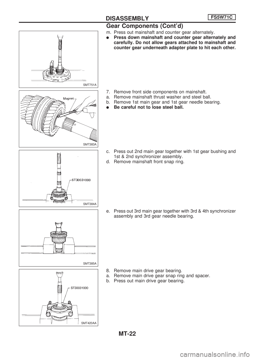 NISSAN PICK-UP 1998  Repair Manual m. Press out mainshaft and counter gear alternately.
lPress down mainshaft and counter gear alternately and
carefully. Do not allow gears attached to mainshaft and
counter gear underneath adapter plat