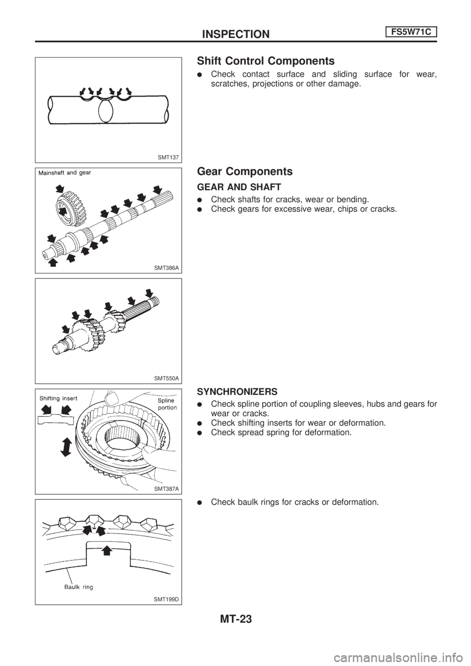 NISSAN PICK-UP 1998  Repair Manual Shift Control Components
lCheck contact surface and sliding surface for wear,
scratches, projections or other damage.
Gear Components
GEAR AND SHAFT
lCheck shafts for cracks, wear or bending.
lCheck g