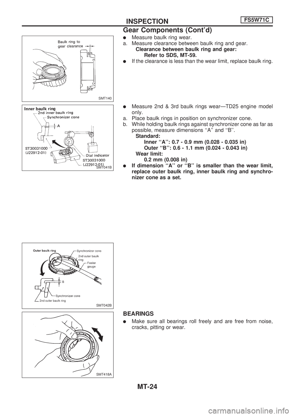 NISSAN PICK-UP 1998  Repair Manual lMeasure baulk ring wear.
a. Measure clearance between baulk ring and gear.
Clearance between baulk ring and gear:
Refer to SDS, MT-59.
lIf the clearance is less than the wear limit, replace baulk rin