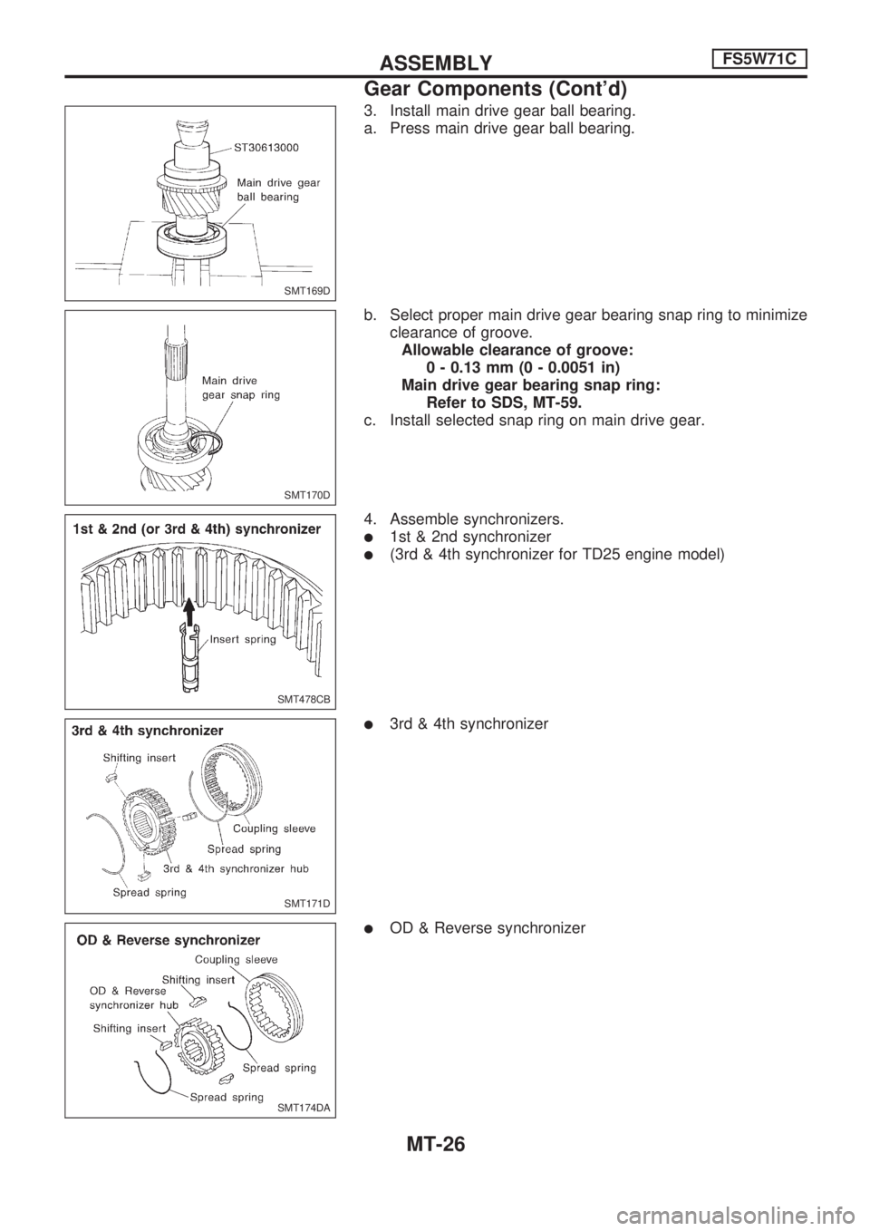 NISSAN PICK-UP 1998  Repair Manual 3. Install main drive gear ball bearing.
a. Press main drive gear ball bearing.
b. Select proper main drive gear bearing snap ring to minimize
clearance of groove.
Allowable clearance of groove:
0 - 0