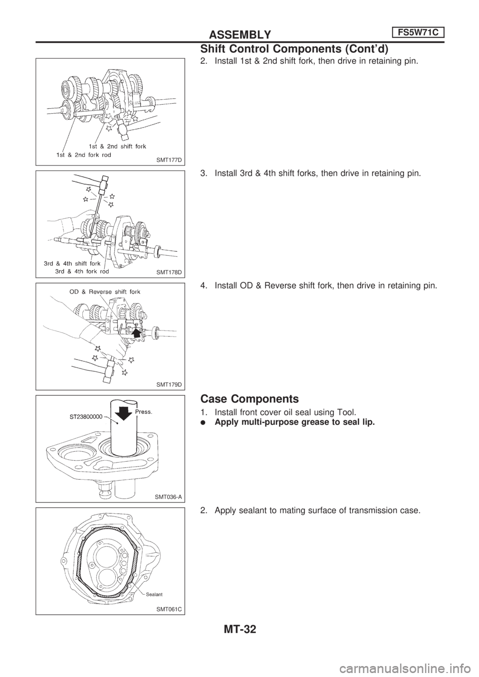 NISSAN PICK-UP 1998  Repair Manual 2. Install 1st & 2nd shift fork, then drive in retaining pin.
3. Install 3rd & 4th shift forks, then drive in retaining pin.
4. Install OD & Reverse shift fork, then drive in retaining pin.
Case Compo