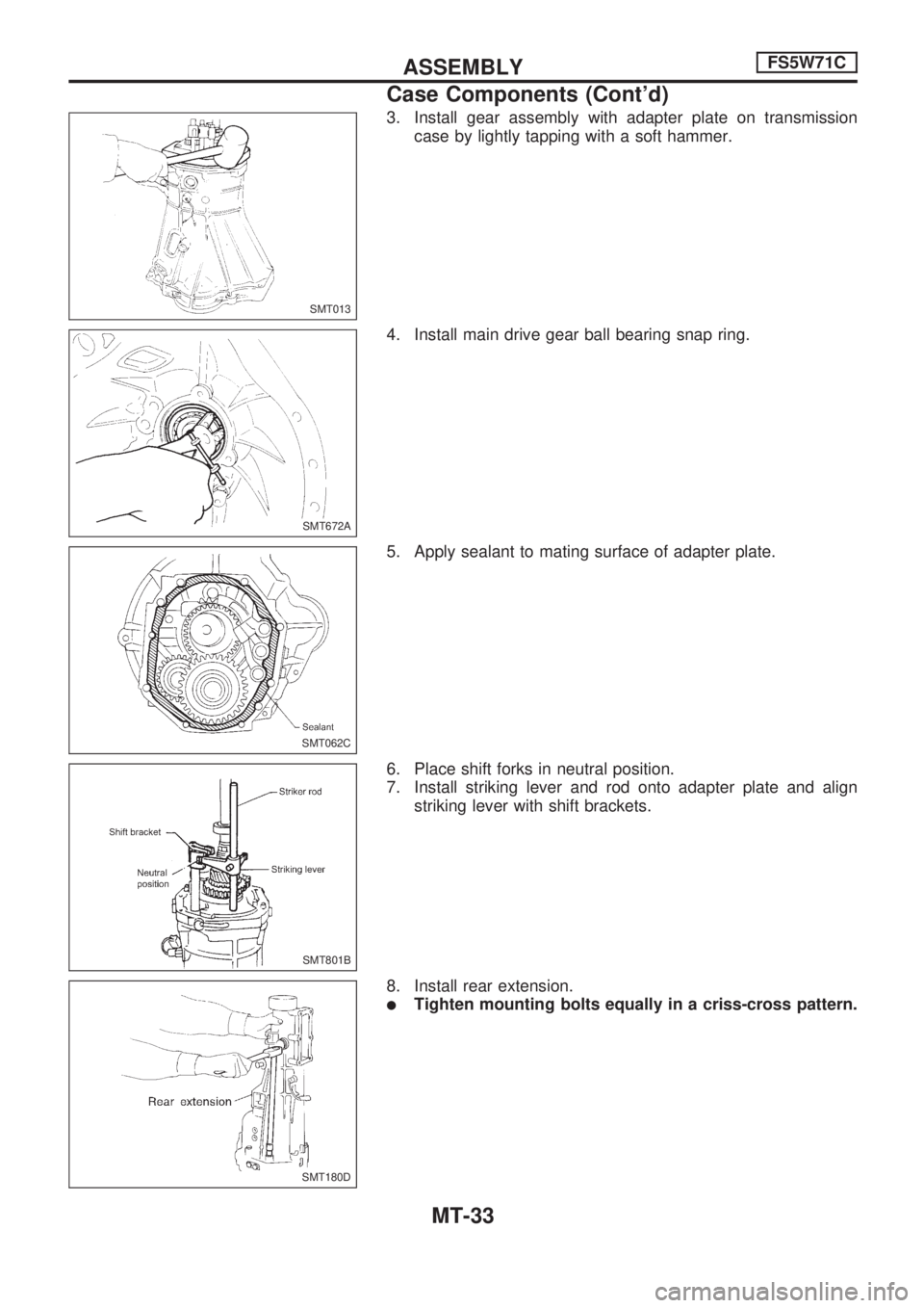 NISSAN PICK-UP 1998  Repair Manual 3. Install gear assembly with adapter plate on transmission
case by lightly tapping with a soft hammer.
4. Install main drive gear ball bearing snap ring.
5. Apply sealant to mating surface of adapter