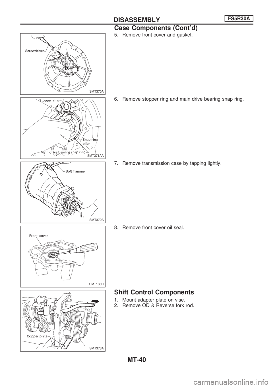 NISSAN PICK-UP 1998  Repair Manual 5. Remove front cover and gasket.
6. Remove stopper ring and main drive bearing snap ring.
7. Remove transmission case by tapping lightly.
8. Remove front cover oil seal.
Shift Control Components
1. M