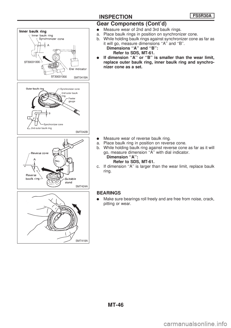 NISSAN PICK-UP 1998  Repair Manual lMeasure wear of 2nd and 3rd baulk rings.
a. Place baulk rings in position on synchronizer cone.
b. While holding baulk rings against synchronizer cone as far as
it will go, measure dimensions ``A a