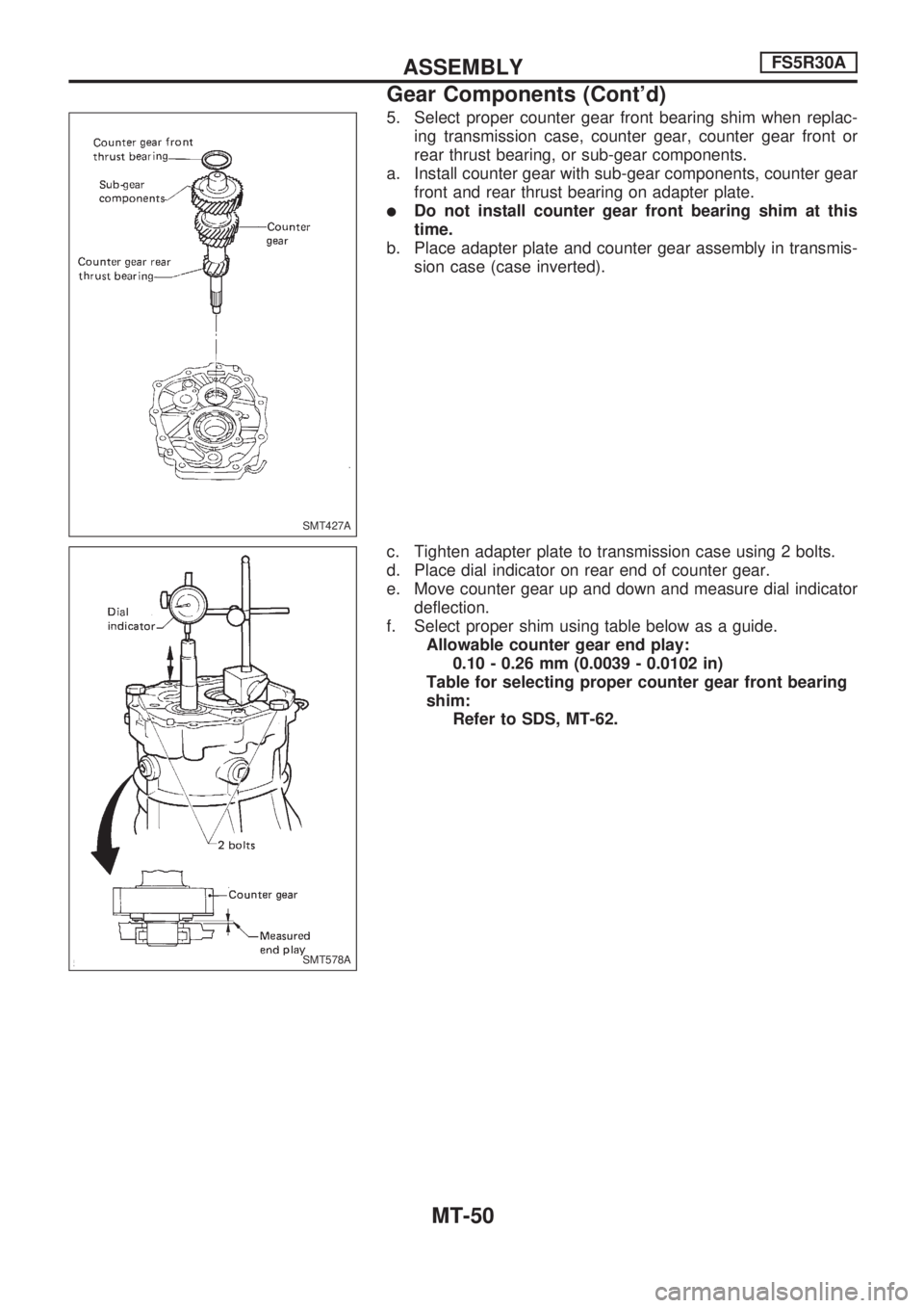 NISSAN PICK-UP 1998  Repair Manual 5. Select proper counter gear front bearing shim when replac-
ing transmission case, counter gear, counter gear front or
rear thrust bearing, or sub-gear components.
a. Install counter gear with sub-g
