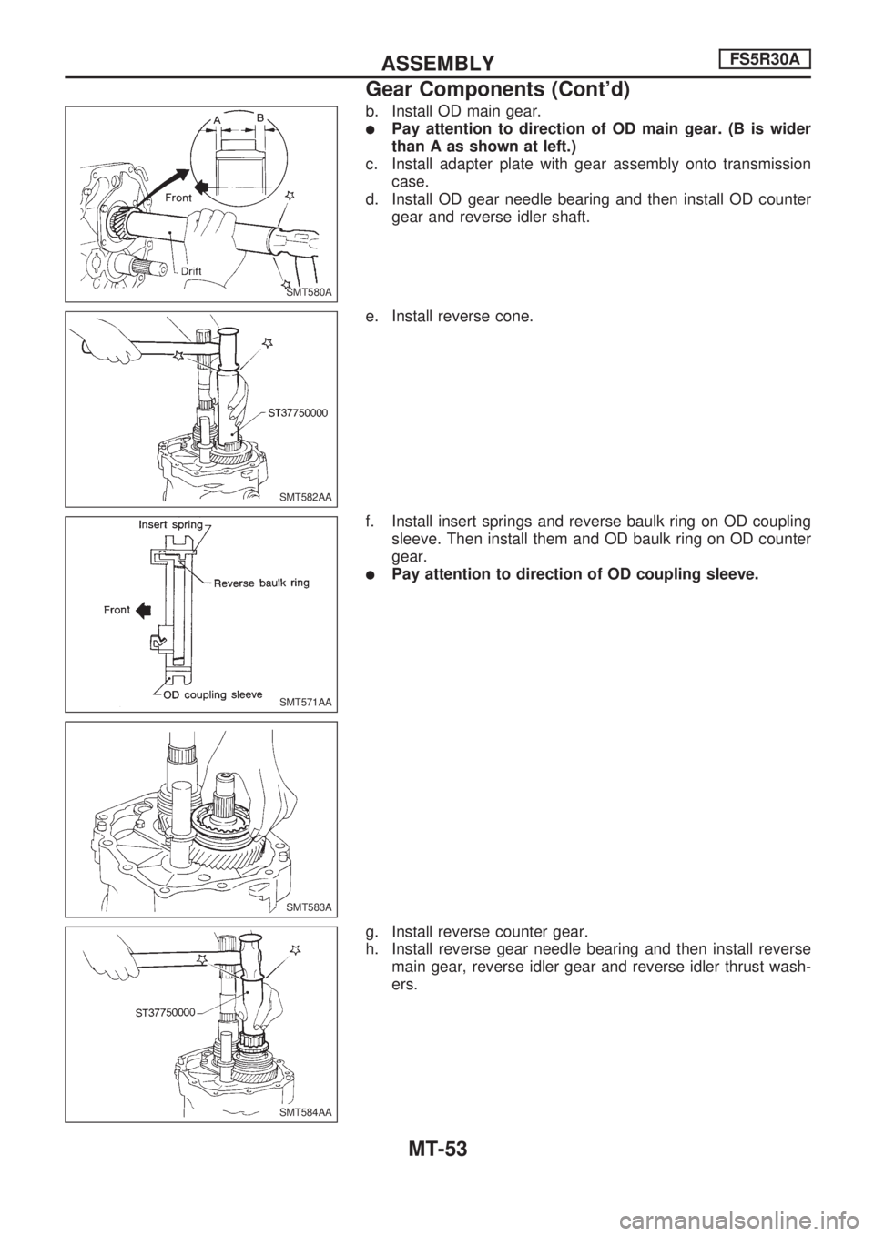 NISSAN PICK-UP 1998  Repair Manual b. Install OD main gear.
lPay attention to direction of OD main gear. (B is wider
than A as shown at left.)
c. Install adapter plate with gear assembly onto transmission
case.
d. Install OD gear needl