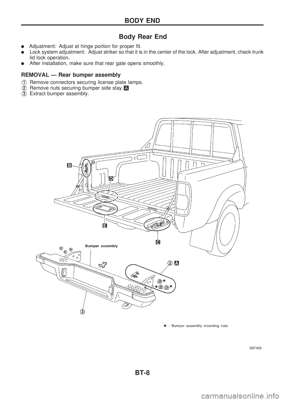 NISSAN PICK-UP 1998  Repair Manual Body Rear End
lAdjustment: Adjust at hinge portion for proper fit.
lLock system adjustment: Adjust striker so that it is in the center of the lock. After adjustment, check trunk
lid lock operation.
lA