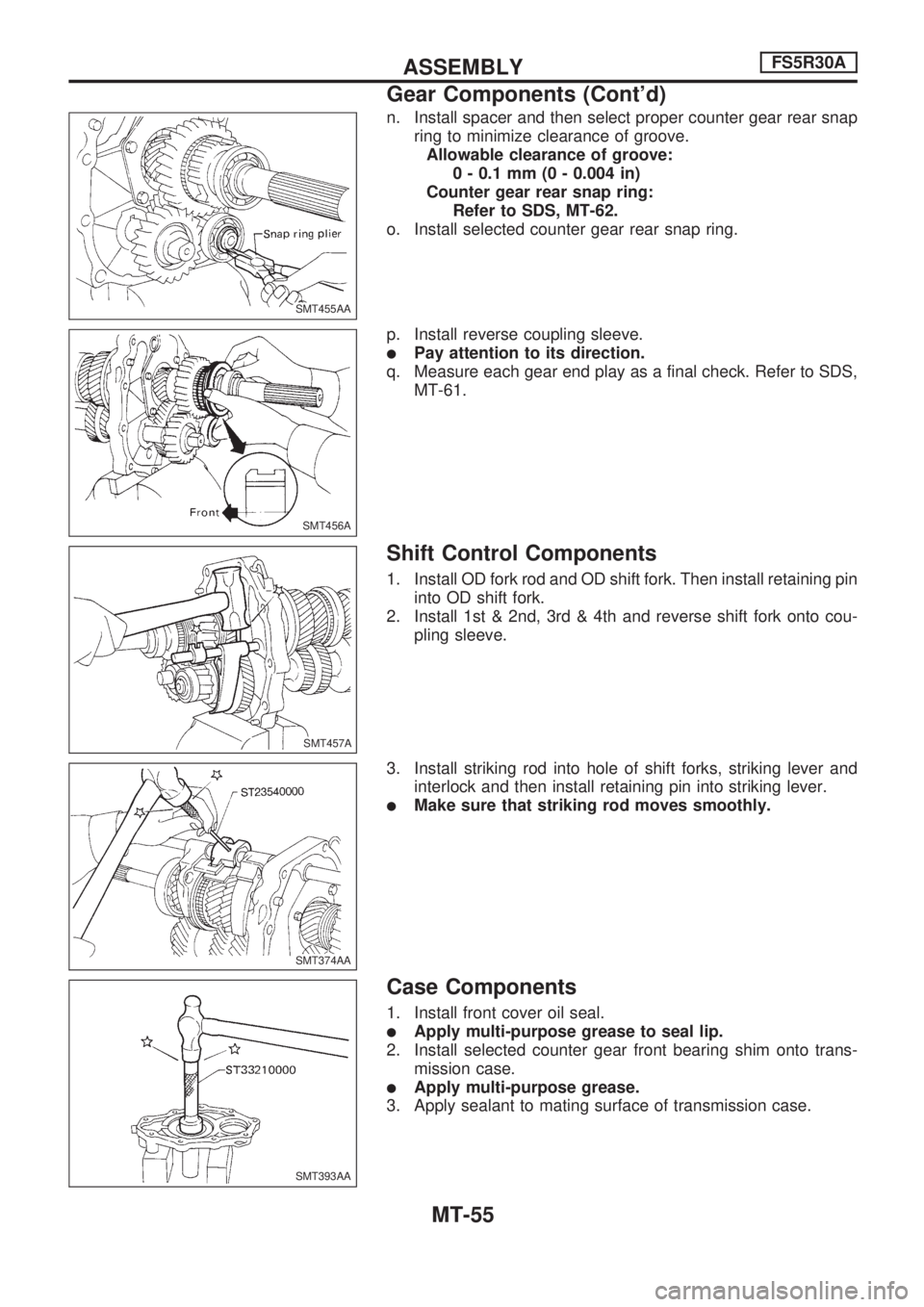 NISSAN PICK-UP 1998 Repair Manual n. Install spacer and then select proper counter gear rear snap
ring to minimize clearance of groove.
Allowable clearance of groove:
0 - 0.1 mm (0 - 0.004 in)
Counter gear rear snap ring:
Refer to SDS NISSAN PICK-UP 1998 Repair Manual n. Install spacer and then select proper counter gear rear snap
ring to minimize clearance of groove.
Allowable clearance of groove:
0 - 0.1 mm (0 - 0.004 in)
Counter gear rear snap ring:
Refer to SDS